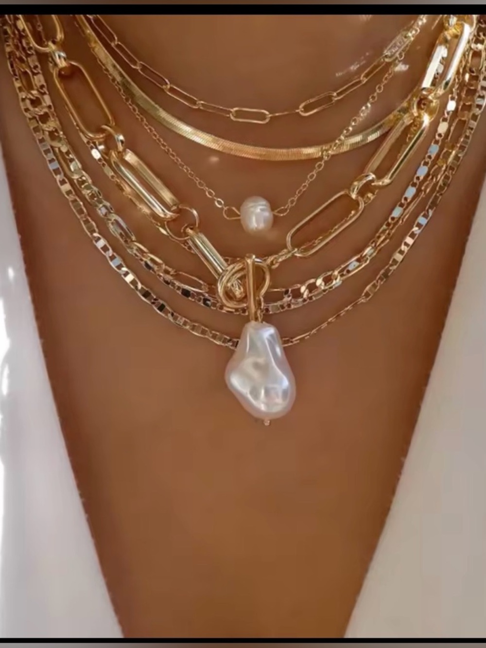 Women's Fashion Bohemian Jewelry Gold Multilayered Link Pearl Necklace
